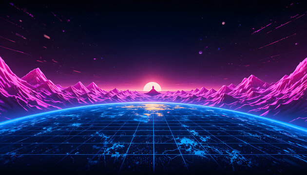 Retro 80s Synthwave Landscape with Glowing Neon Blue Grid and Pink Mountains at Sunset - Powered by Adobe