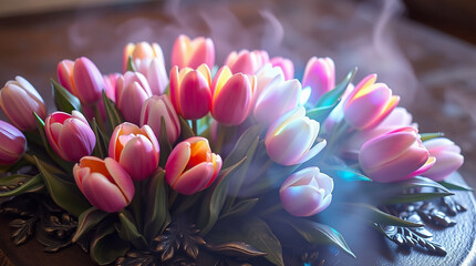 colorful tulips in a soft floral arrangement with pastel hues 
