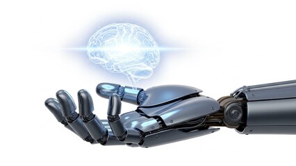 A robotic hand reaching up towards a glowing blue brain with a white background representing artificial intelligence technology and innovation