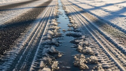 Winter road with tire tracks and snowy path at sunrise creating a stunning visual contrast