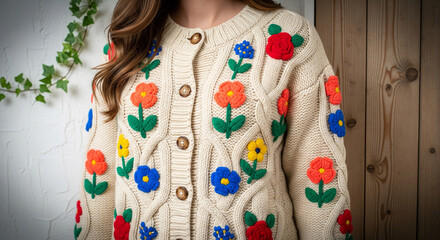 Woman wearing a colorful floral knit cardigan with buttons on a wooden background with green leaves
