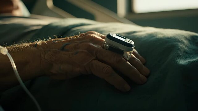Patient hand wears oximeter with red light on hospital bed. Senior patient monitoring oxygen with sensor device. Medical oximeter glows on patient finger. Hospital care with vital monitoring.