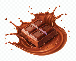 realistic 3d dark chocolate bar with chocolate cream splash in different style isolated on transparent background