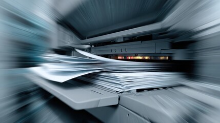 High-Speed Printing Process with Motion Blur Effect, Showcasing Sheets of Paper Emerging from a Printer in an Office Environment