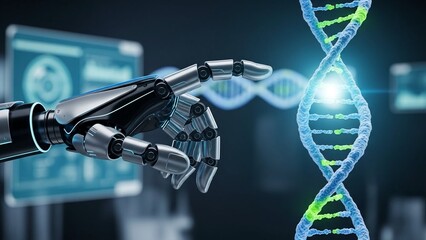 Robotic hand interacting with dna double helix structure in futuristic laboratory setting with advanced technology and biotech elements