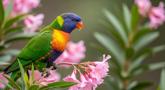 Image is a vibrant, high-resolution photograph featuring a colorful parrot perched on a branch amidst pink flowers. The parrot, likely a rainbow lorikeet, displays a striking array of colors: a deep b - Powered by Adobe
