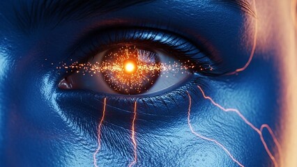 Close up of a blue painted human eye with glowing orange sparks and electric lightning effects on the skin with glowing eye and electric effect