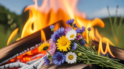 Flowers burning in fire symbolizing destruction and contrast
