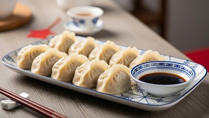 Chinese New Year Dumplings on Wooden Table with Tea