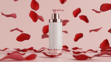 Luxury cosmetic bottle surrounded by falling rose petals
