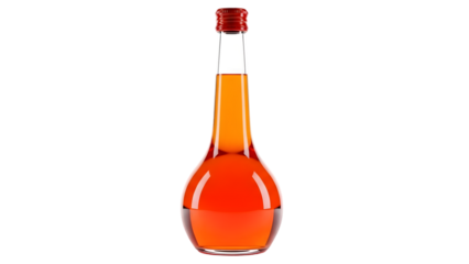 A glass bottle filled with orange liquid isolated on transparent background