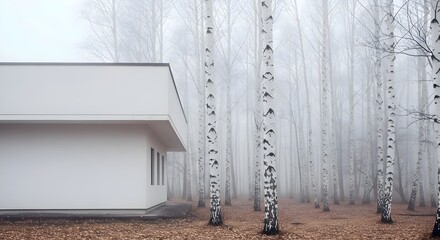 Modern minimalist white architecture building nestled in a serene foggy birch forest landscape featuring clean lines, organic textures, and tranquillity.