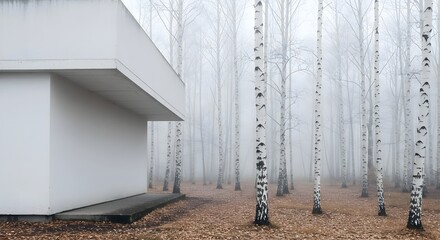 Modern minimalist white architecture building nestled in a serene foggy birch forest landscape featuring clean lines, organic textures, and tranquillity.