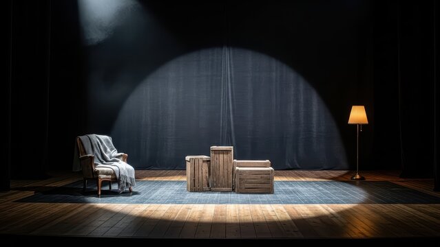 Warmly lit theater stage with vintage armchair, wooden boxes, and floor lamp