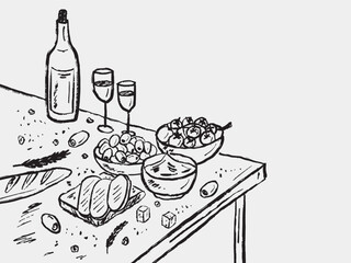 Hand drawn Italian dinner with wine, bread, olives and cheese. Mediterranean food design. Menu design, food on table, angle view. Vector sketch illustration in vintage crayon charcoal style © Nataliya Pokrovska