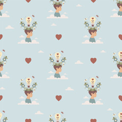 Mental Health Boy Pattern Seamless. Kid Head with Flowers Heart Lightbulb Clouds and Butterflies on Light Blue Background. Concept Harmony, Self Care, Children Wellness. Vector Illustration. Not AI