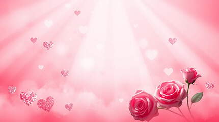 Romantic soft pink background with delicate glitter hearts and freshly bloomed pink roses scattered across the scene, capturing the essence of Valentine's Day mood, with a warm and inviting ambiance