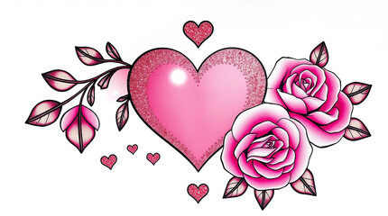 Romantic soft pink background with delicate glitter hearts and freshly bloomed pink roses scattered across the scene, capturing the essence of Valentine's Day mood, with a warm and inviting ambiance
