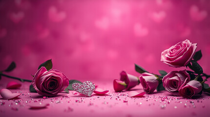 Romantic soft pink background with delicate glitter hearts and freshly bloomed pink roses scattered across the scene, capturing the essence of Valentine's Day mood, with a warm and inviting ambiance