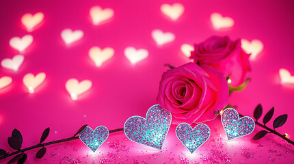 Romantic soft pink background with delicate glitter hearts and freshly bloomed pink roses scattered across the scene, capturing the essence of Valentine's Day mood, with a warm and inviting ambiance
