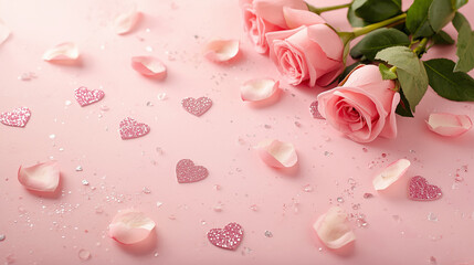 Romantic soft pink background with delicate glitter hearts and freshly bloomed pink roses scattered across the scene, capturing the essence of Valentine's Day mood, with a warm and inviting ambiance