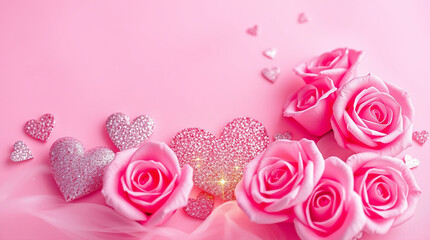 Romantic soft pink background with delicate glitter hearts and freshly bloomed pink roses scattered across the scene, capturing the essence of Valentine's Day mood, with a warm and inviting ambiance