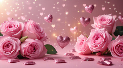 Romantic soft pink background with delicate glitter hearts and freshly bloomed pink roses scattered across the scene, capturing the essence of Valentine's Day mood, with a warm and inviting ambiance