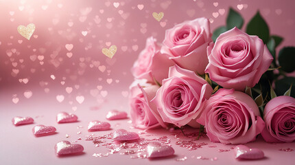 Romantic soft pink background with delicate glitter hearts and freshly bloomed pink roses scattered across the scene, capturing the essence of Valentine's Day mood, with a warm and inviting ambiance
