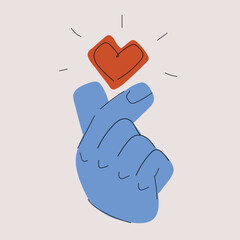 Cartoon vector illustration of a hand showing a heart sign, metaphor of love, care, and emotional connection