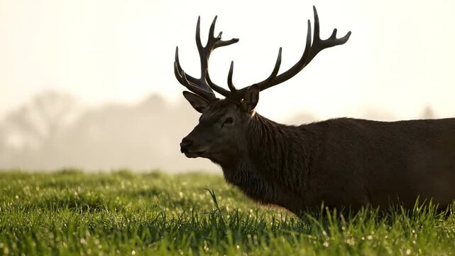 A majestic stag with large antlers stands in a lush green field with wildflowers against a softly lit background.