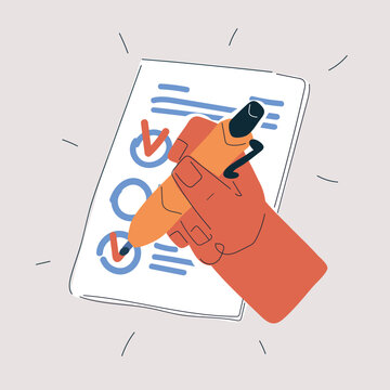 Cartoon vector illustration of a hand checking a checkbox on a form, metaphor of decision, completion, and responsibility