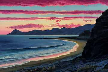 Coastal Sunset with Vibrant Pink Clouds and Gentle Waves