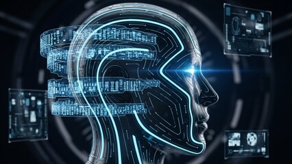Futuristic human head with glowing blue circuits and digital screens in the background representing artificial intelligence and technology with innovation