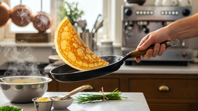 Man flipping crepe in frying pan in modern kitchen setting  