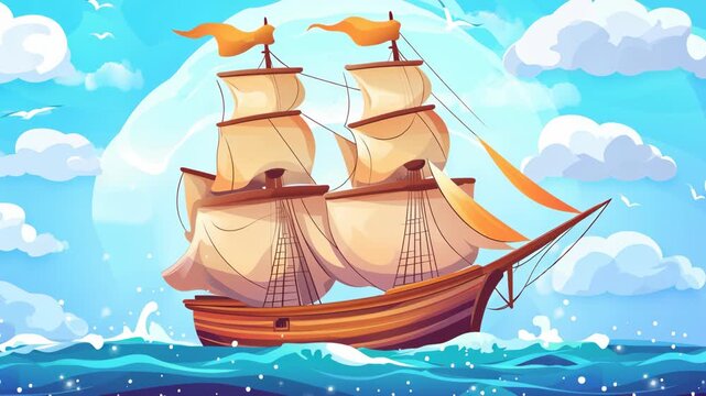 A sailing ship with flapping sails crosses the ocean under a clear sky in a flat 2d cartoon style