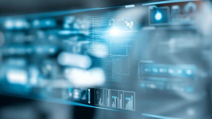An abstract view of a futuristic digital interface, with various data and graphics displayed in shades of blue. It creates an impression of advanced technology.  - Powered by Adobe