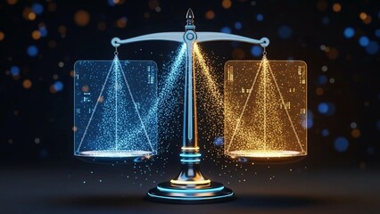A balanced scale with blue and gold digital screens on each side, weighing data or information, against a dark background with colorful lights, symbolizing technology