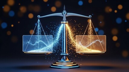 A silver balance scale with glowing blue and orange graphs on each side, surrounded by sparkling particles and bokeh lights on a dark background, symbolizing business
