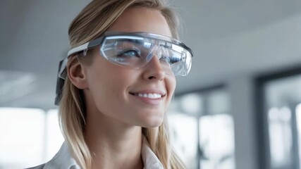 A smiling woman wearing futuristic augmented reality smart glasses with various information - Powered by Adobe