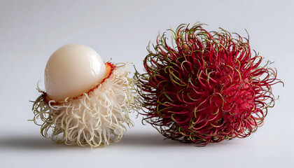 A peeled rambutan reveals its juicy white flesh beside a spiky red shell bursting with tropical allure isolated white background