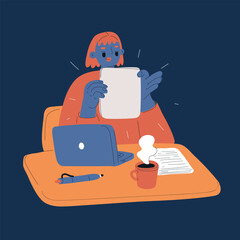 Cartoon vector illustration of a woman sitting at a desk holding a sheet of paper, with a laptop, coffee cup, and pen, metaphor of work, focus, and productivity