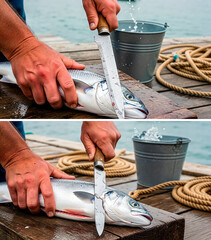 Close-up of hands gutting fish on wooden table by the water  