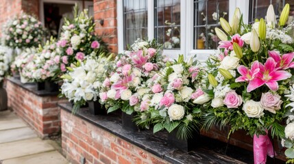Medium shot of mixed funerary flower bouquets with soft pastel tones blending roses and lilies to create a gentle comforting atmosphere at memorial gatherings.