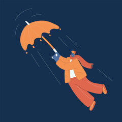 Cartoon vector illustration of a man flying with an umbrella in cold weather, metaphor of adventure, resilience, and facing challenges