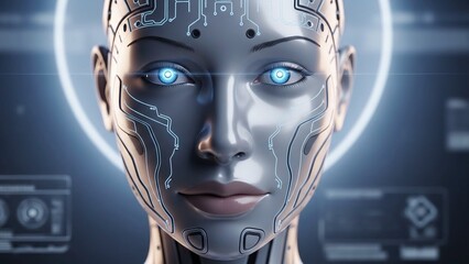 Close up of futuristic robotic woman with circuit board patterns on her face and glowing blue eyes looking directly at camera with a mix of technology and humanity