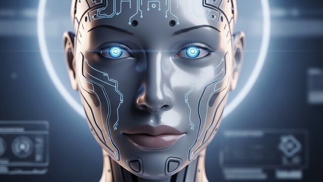 Close up of futuristic robotic woman with circuit board patterns on her face and glowing blue eyes looking directly at camera with a mix of technology and humanity - Powered by Adobe