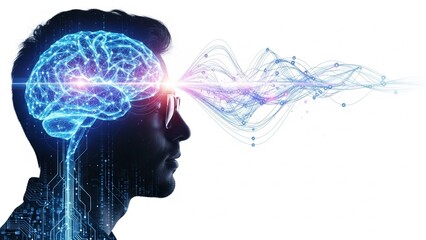 Digital human brain with glowing neural connections and circuit board patterns on a white background representing artificial intelligence and technology