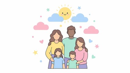A happy family of five standing together under a sunny sky with clouds and stars