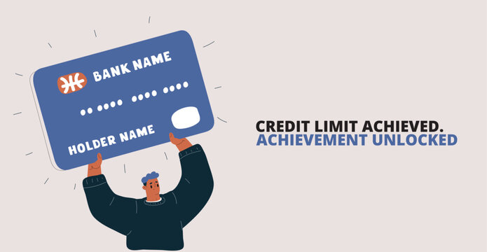 Cartoon vector illustration of a man holding a credit card above his head, metaphor of shopping, finance, and payment