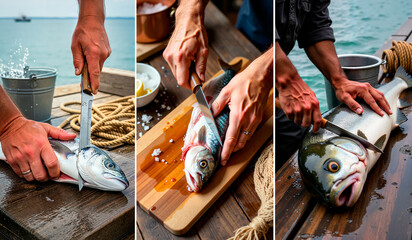 Hands gutting fish on wooden table by the seaside 